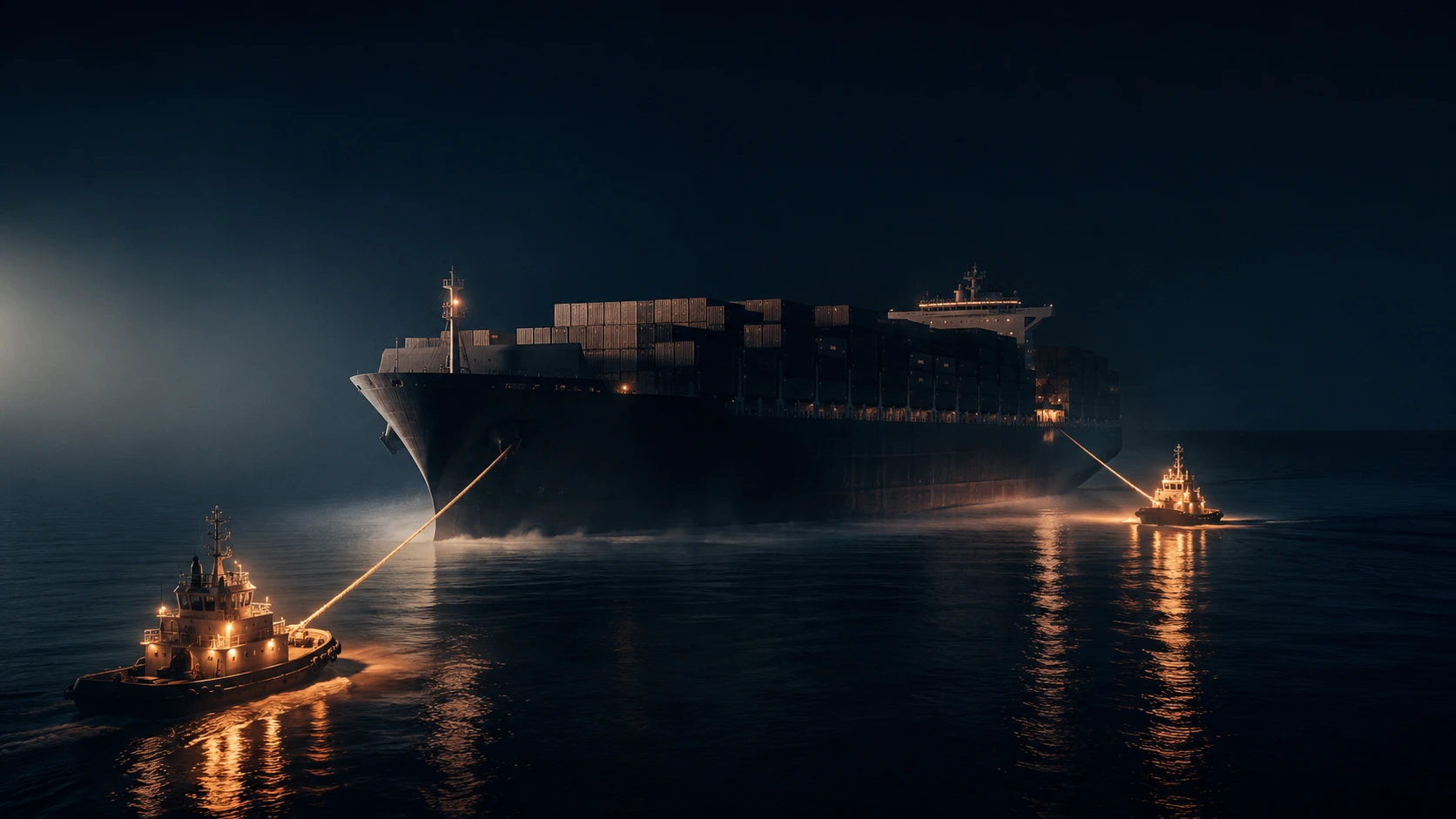 Zwei Schlepper führen nachts ein großes Containerschiff durch ruhiges Hafenwasser, kupferfarbene Arbeitslichter spiegeln sich auf dunkelblauer Wasseroberfläche.